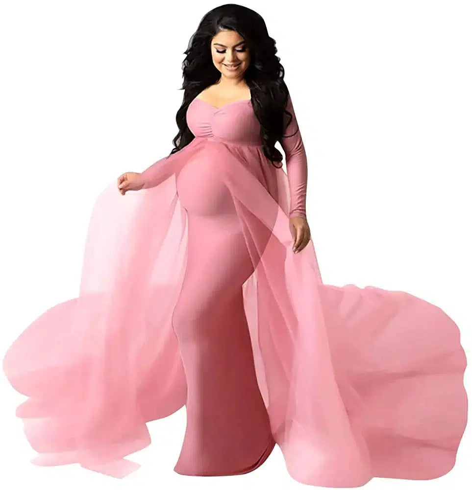 Sepzay Women's Long Sleeve Off Shoulder Maternity Maxi Photography Dress Tulle Wedding Mermaid Gown for Photoshoot Baby Shower-Maternity Miracles - Mom & Baby Gifts