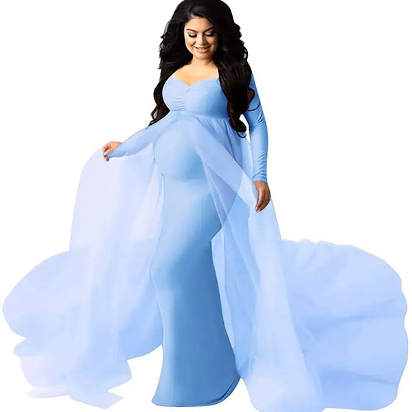 Sepzay Women's Long Sleeve Off Shoulder Maternity Maxi Photography Dress Tulle Wedding Mermaid Gown for Photoshoot Baby Shower-Maternity Miracles - Mom & Baby Gifts