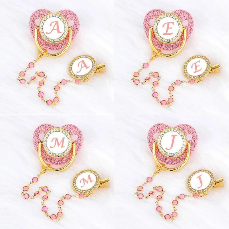 Pink Zircon Luxury Baby Pacifier Clip 26 Letters Newborn Personalized Pacifiers Holder Silicone Infant Teether Nipple BPA Free-Maternity Miracles - Mom & Baby Gifts