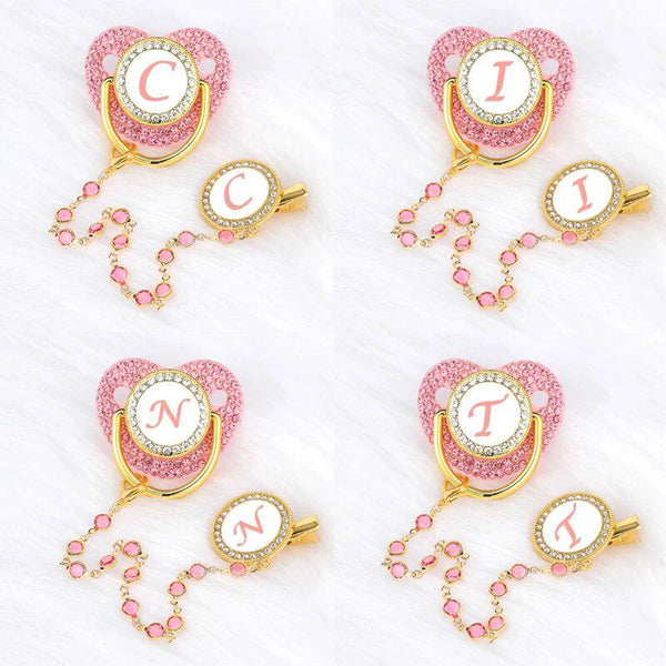 Pink Zircon Luxury Baby Pacifier Clip 26 Letters Newborn Personalized Pacifiers Holder Silicone Infant Teether Nipple BPA Free-Maternity Miracles - Mom & Baby Gifts