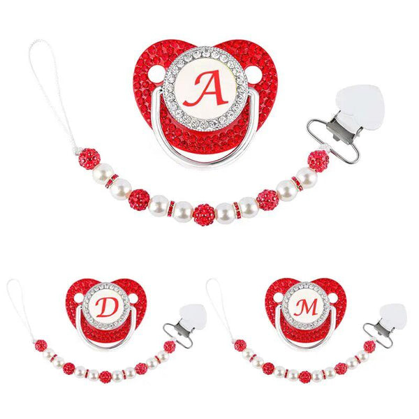 Red Zircon Luxury Baby Pacifier Clip 26 Letters Newborn Personalized Beaded Pacifiers Holder Silicone Infant Teether Nipple 2023-Maternity Miracles - Mom & Baby Gifts