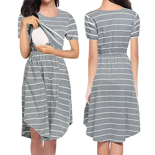 Summer Premama Breastfeeding Dresses Fashion Short Sleeve Striped Dress For Pregnant Women Maternity Baby Shower Pajama Gowns XL-Maternity Miracles - Mom & Baby Gifts