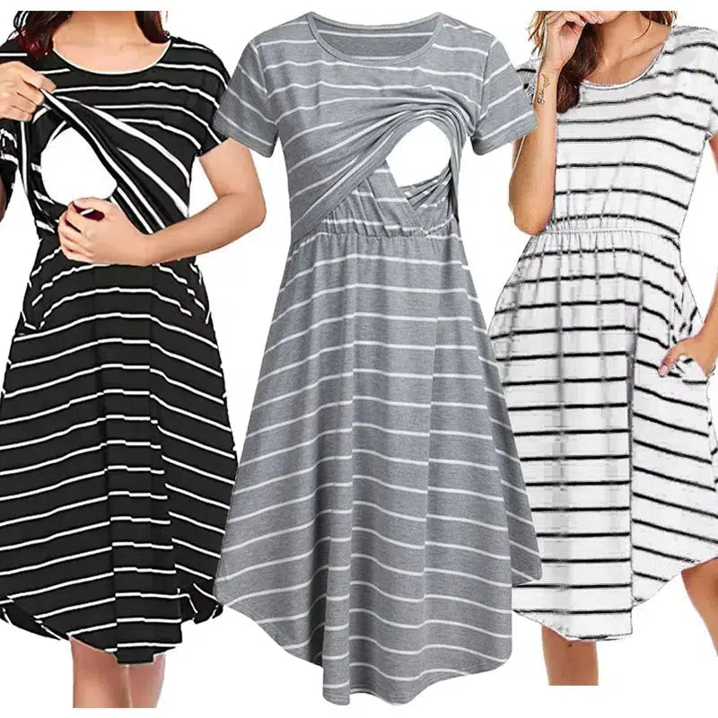 Summer Premama Breastfeeding Dresses Fashion Short Sleeve Striped Dress For Pregnant Women Maternity Baby Shower Pajama Gowns XL-Maternity Miracles - Mom & Baby Gifts